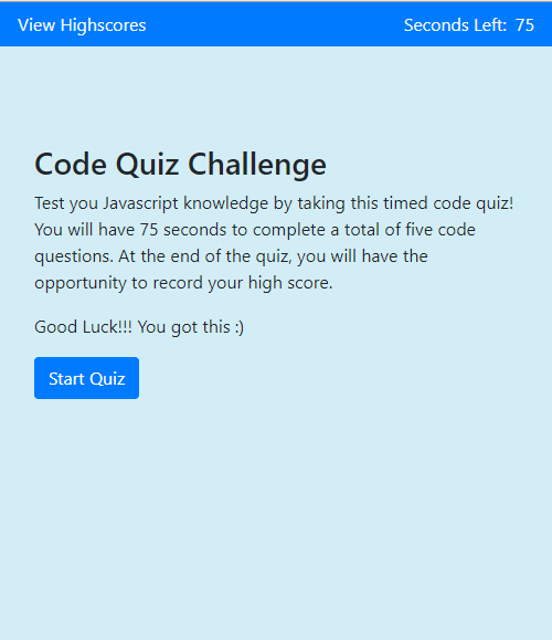 Online Code Quiz Start Page